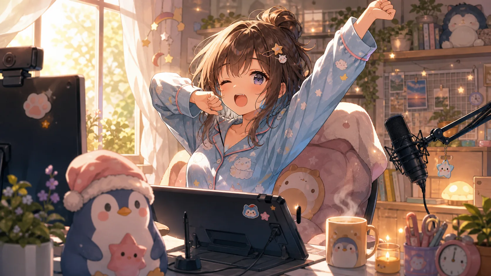 寝起きの配信机でお絵かき準備を始めるオリジナルキャラクターのイメージ