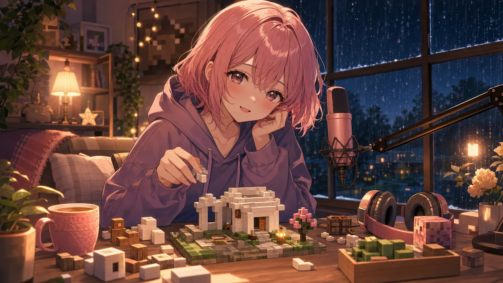 雨音と体調トークからチル配信へ入るオリジナル女性キャラクターのイメージ