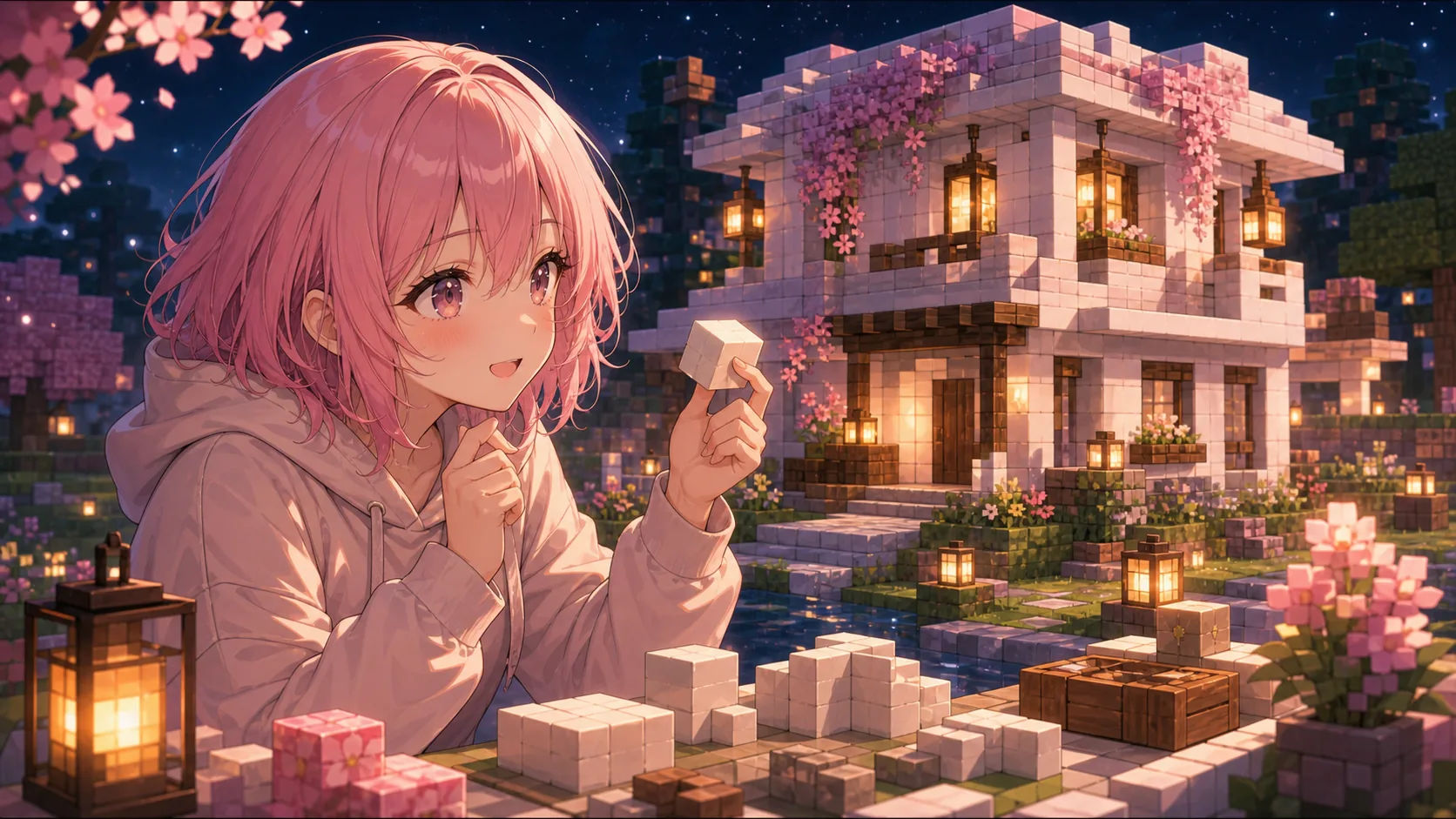 白い木と桜色の飾りで家を整えるオリジナル女性キャラクターのイメージ