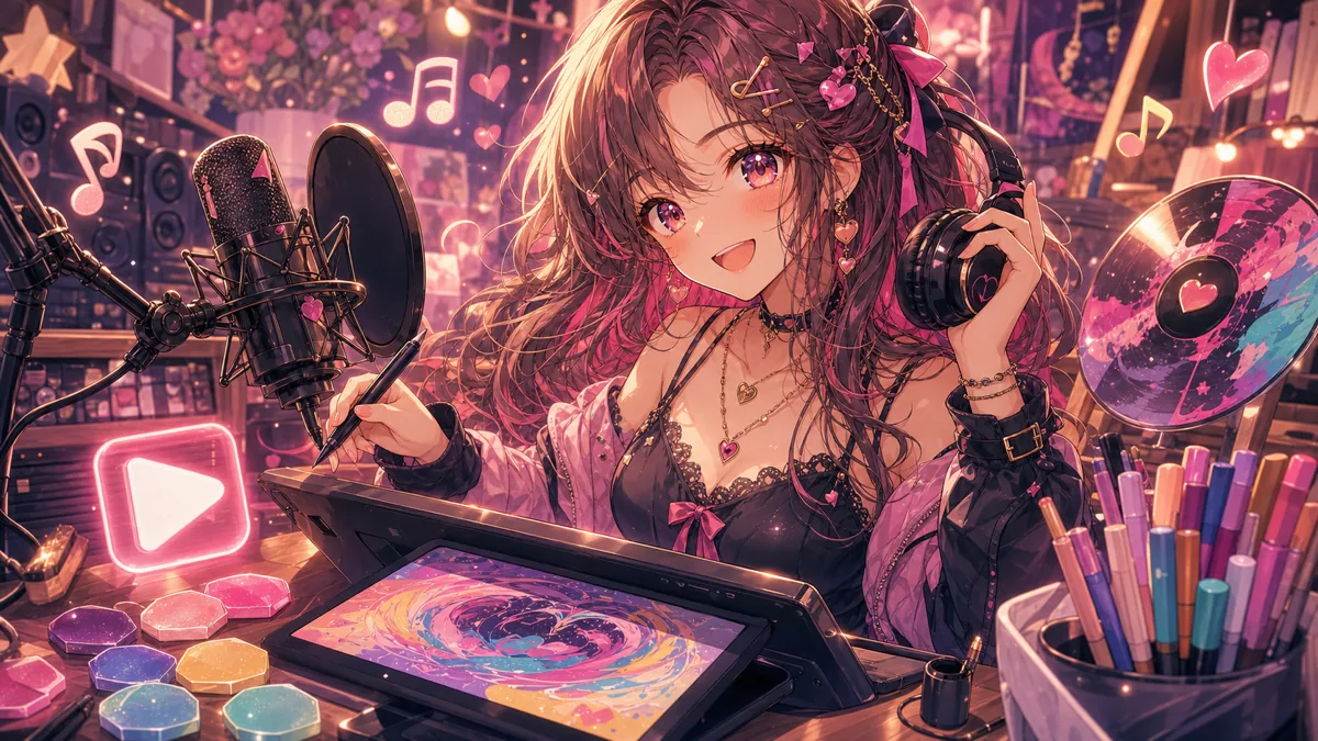 マイクとタブレットを前に歌と絵の制作要素を整理するオリジナルキャラクターのイメージ