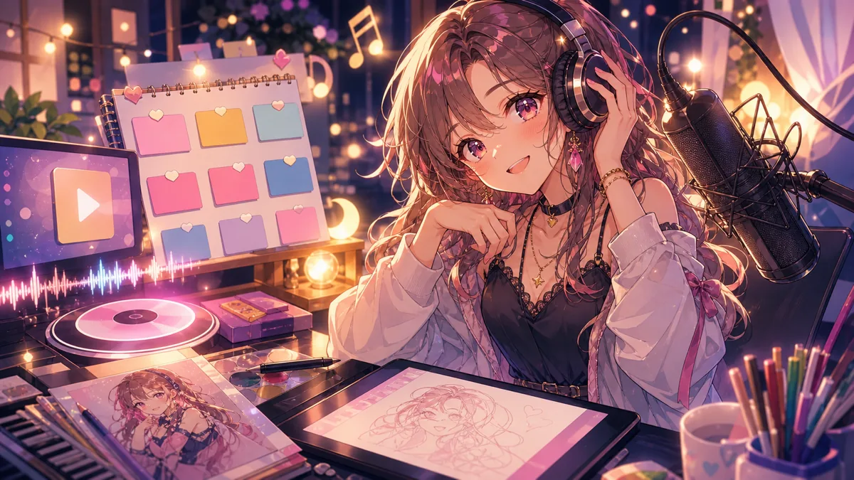 公開後のスタジオでマイクとタブレットを片付けながら次の投稿を見返すオリジナルキャラクターのイメージ