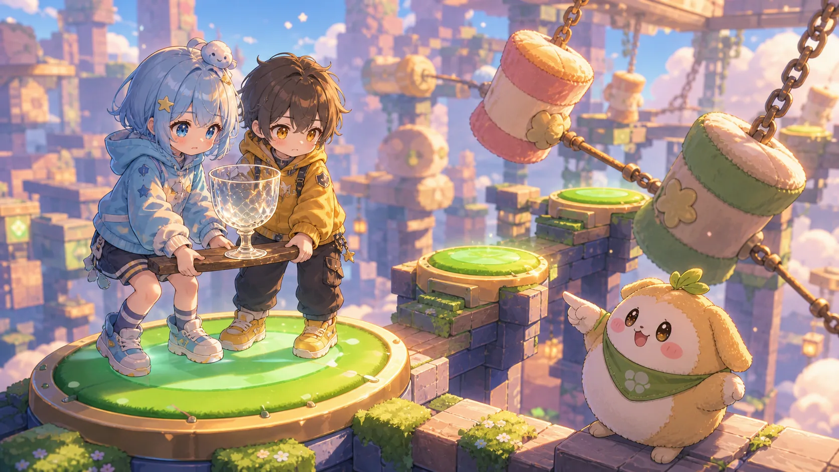緑の足場で一度止まり、次の障害物を見てから動くオリジナルキャラクターのイメージ