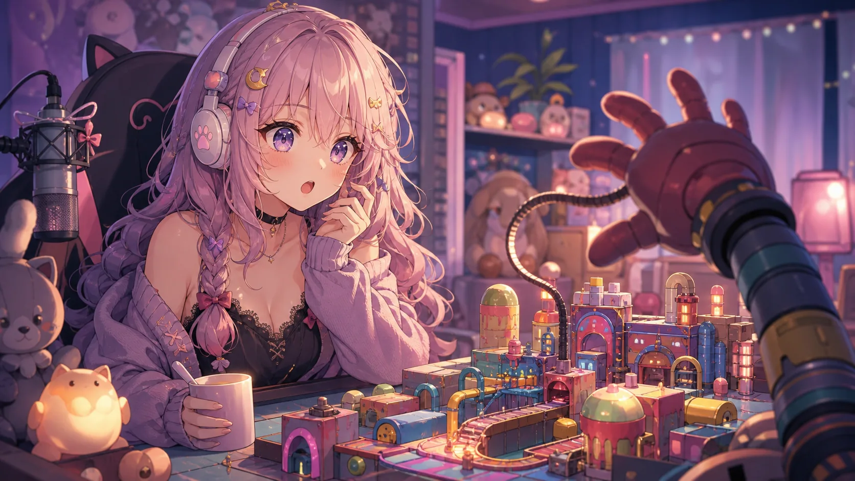 寝起きの配信机でホラー工場の地図と長いアーム装置を見比べるオリジナルキャラクターのイメージ