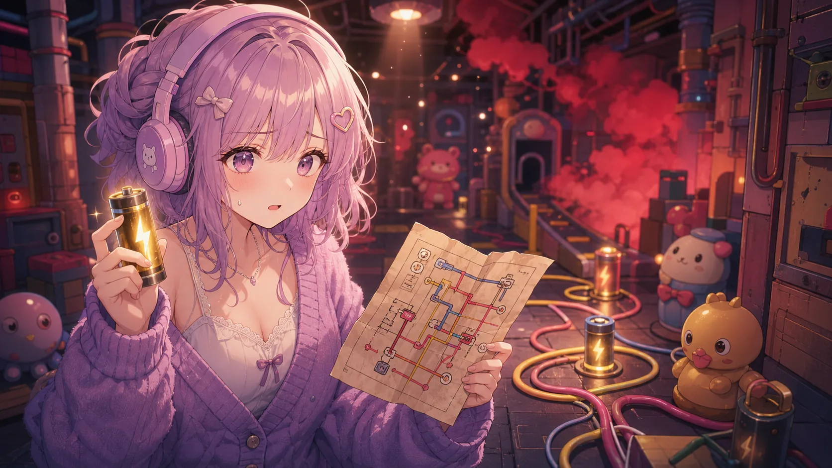 赤い煙の広がる玩具工場でバッテリーと配線メモを確認するオリジナルキャラクターのイメージ