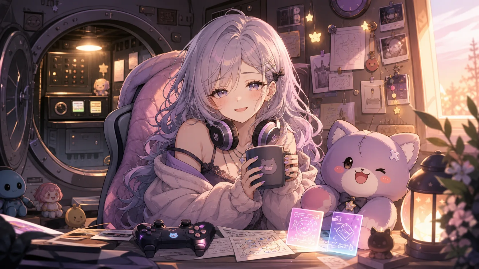 安全なハッチルーム風の配信机で小さな人形と次章メモを前にほっとするオリジナルキャラクターのイメージ