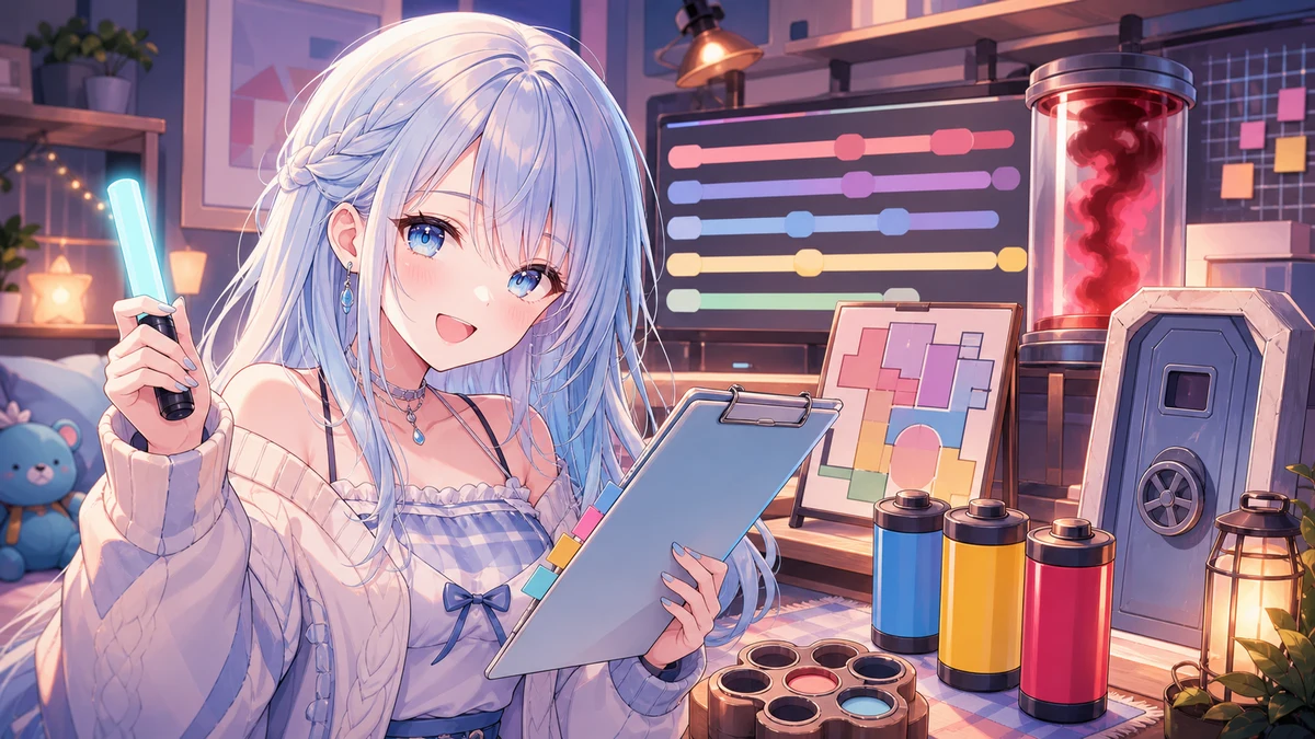 配信レビュー机でタイムラインやバッテリー小物を前に確認するオリジナルキャラクターのイメージ