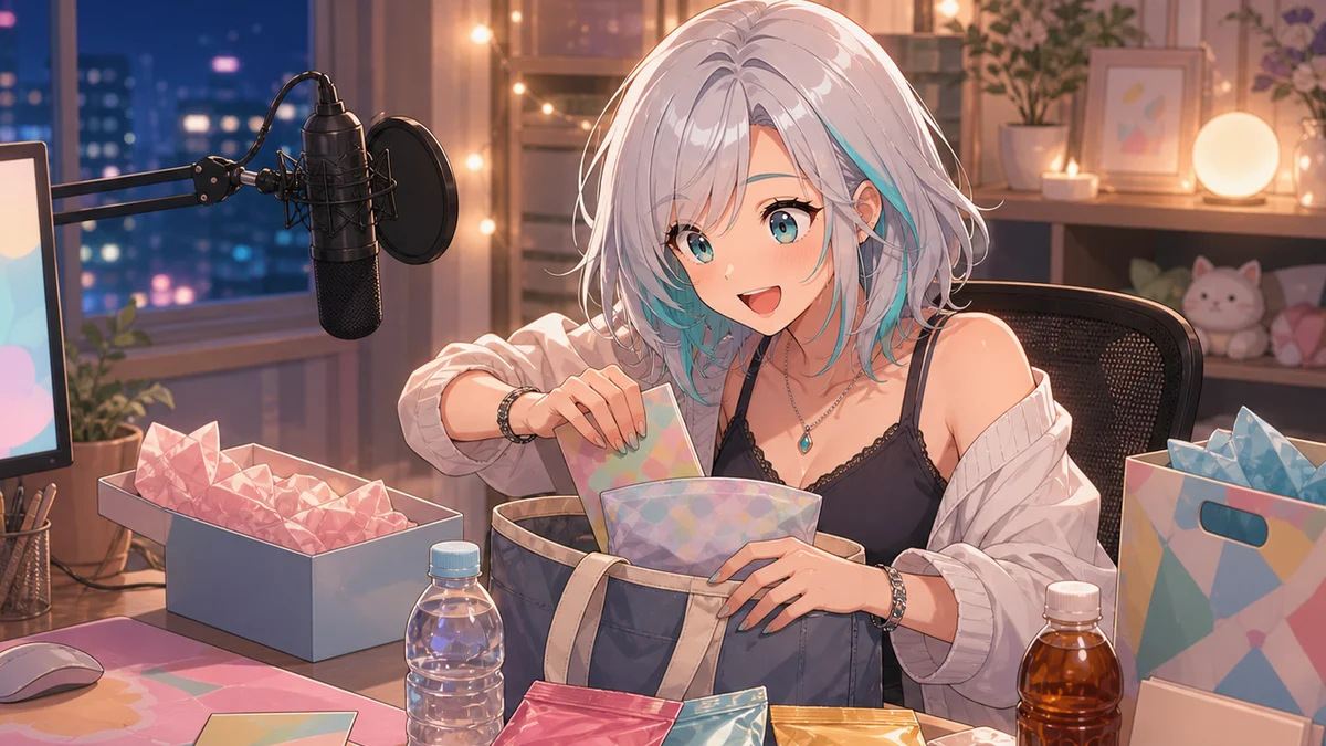 パステル色の配信机にマウスパッド、梅ねり、ラムネ、ラベルレス飲料を並べるオリジナルキャラクターのイメージ
