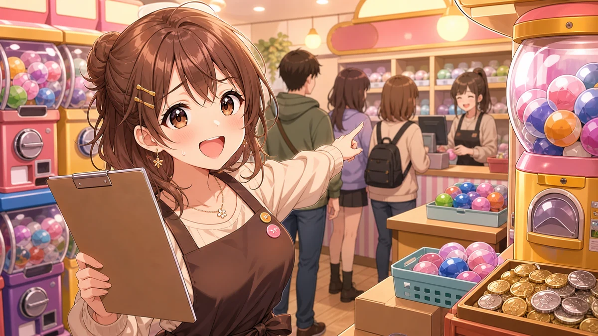 天唄サウ『秋葉原のガチャショップシミュレーター』5日目、最強レジ担当と黒い筐体入れ替えで店づくりが進んだ回 のV-BUZZ独自アイキャッチ