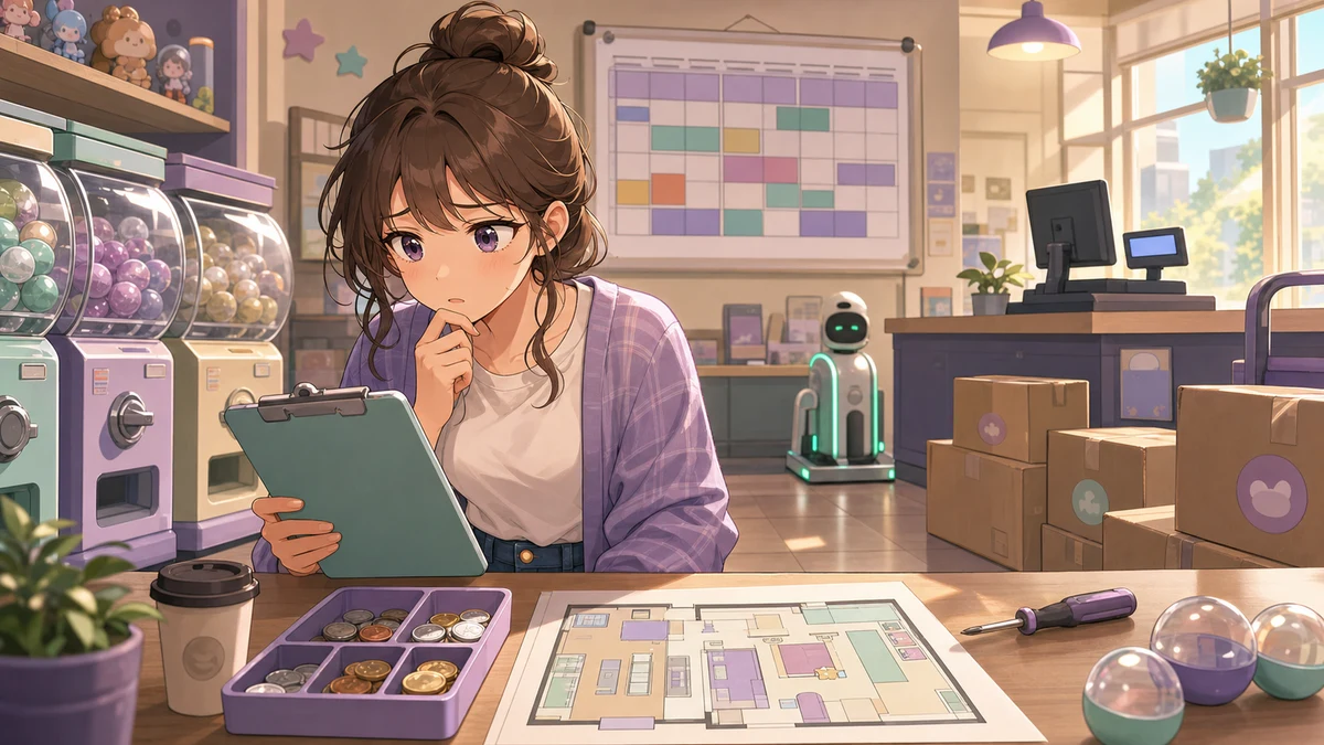 明るい配信部屋でガチャ筐体の模型と勤務表を前に店長役の人物が考え込むイメージ