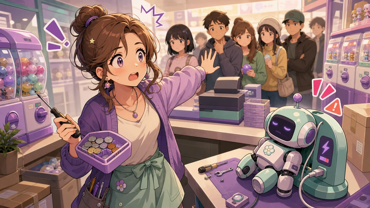 レジ前に客列ができ、充電中のロボットと修理工具を見比べる店長役の人物のイメージ