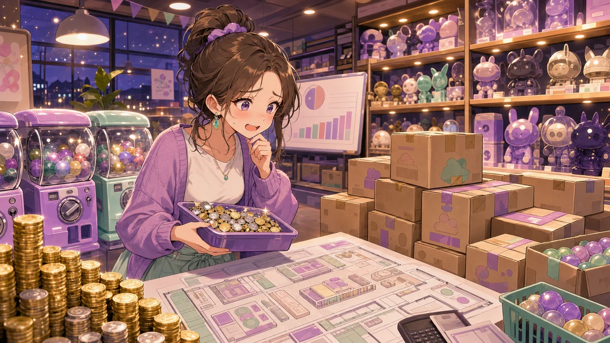 閉店後のガチャショップで高額景品、在庫箱、売上メモを前に次の配置を考える人物のイメージ