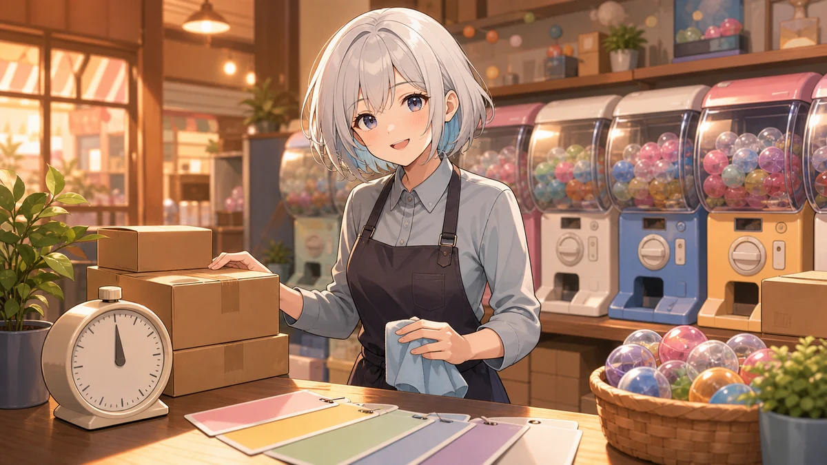 明るい配信部屋の机にガチャ筐体の模型とタイマーと仕入れメモが並ぶイメージ