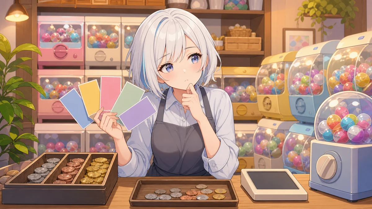 ガチャ筐体と小銭トレーと価格メモが並び、店番の人物が困った表情で見比べるイメージ