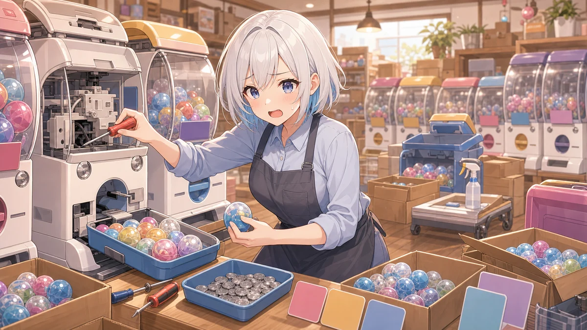 店内のガチャ筐体を修理しながら補充箱と小銭トレーに囲まれる人物のイメージ