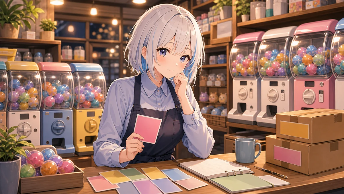 閉店後の明るいガチャショップで棚と補充箱を見ながら次の営業を考える人物のイメージ