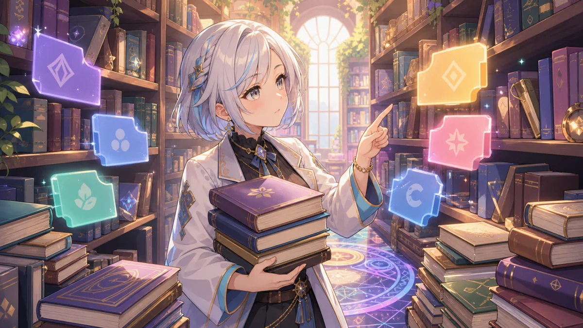 本棚の分類札を見比べながら数冊の魔法書を抱えるオリジナル女性司書のイメージ