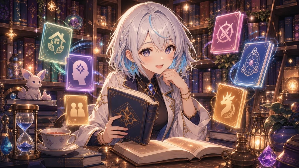 柔らかな光の本棚で生活魔法や心理学の本を分類するオリジナル女性キャラクターのイメージ