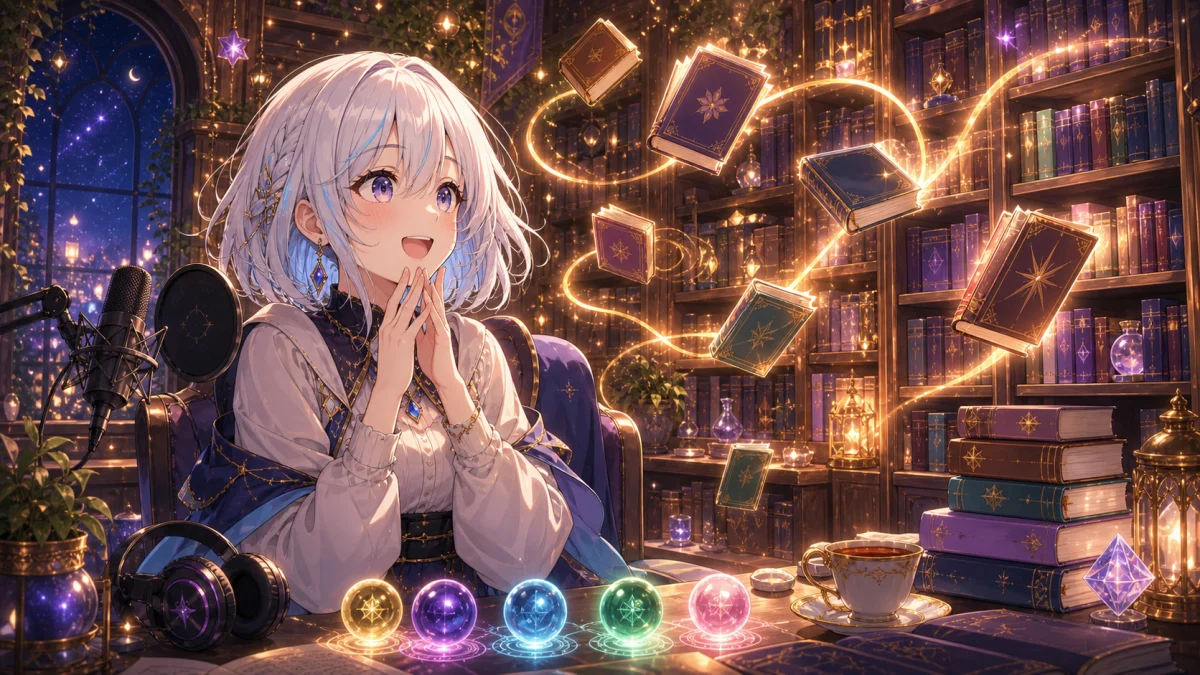 本が光りながら棚へ戻っていく魔導図書館で驚くオリジナル女性司書のイメージ