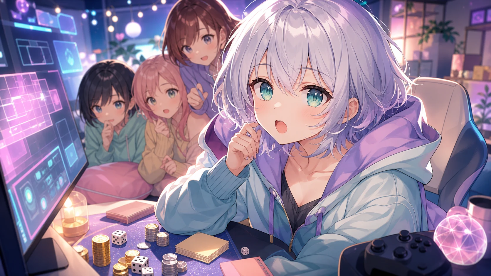 明るい配信部屋でサイコロとゲーム用トークンを前に英語の画面をのぞき込む人物たちのイメージ
