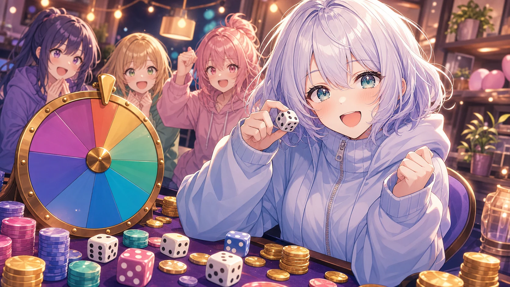 イベント会場風の明るい部屋でホイールやカードやサイコロを前に表情豊かに相談する人物たちのイメージ