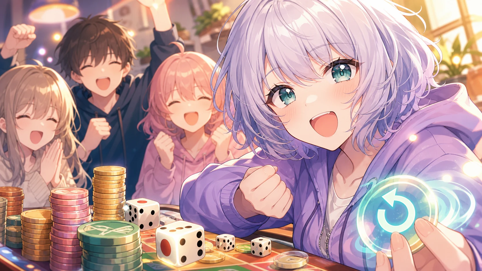 終盤のゲーム部屋でゲーム用トークンとサイコロと巻き戻しアイテムを囲む人物たちのイメージ