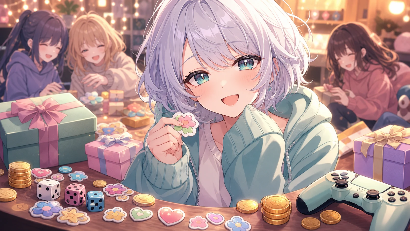 配信机の上にカレンダー、プレゼント箱、コイン、ゲームコントローラーが並ぶ明るい告知イメージ