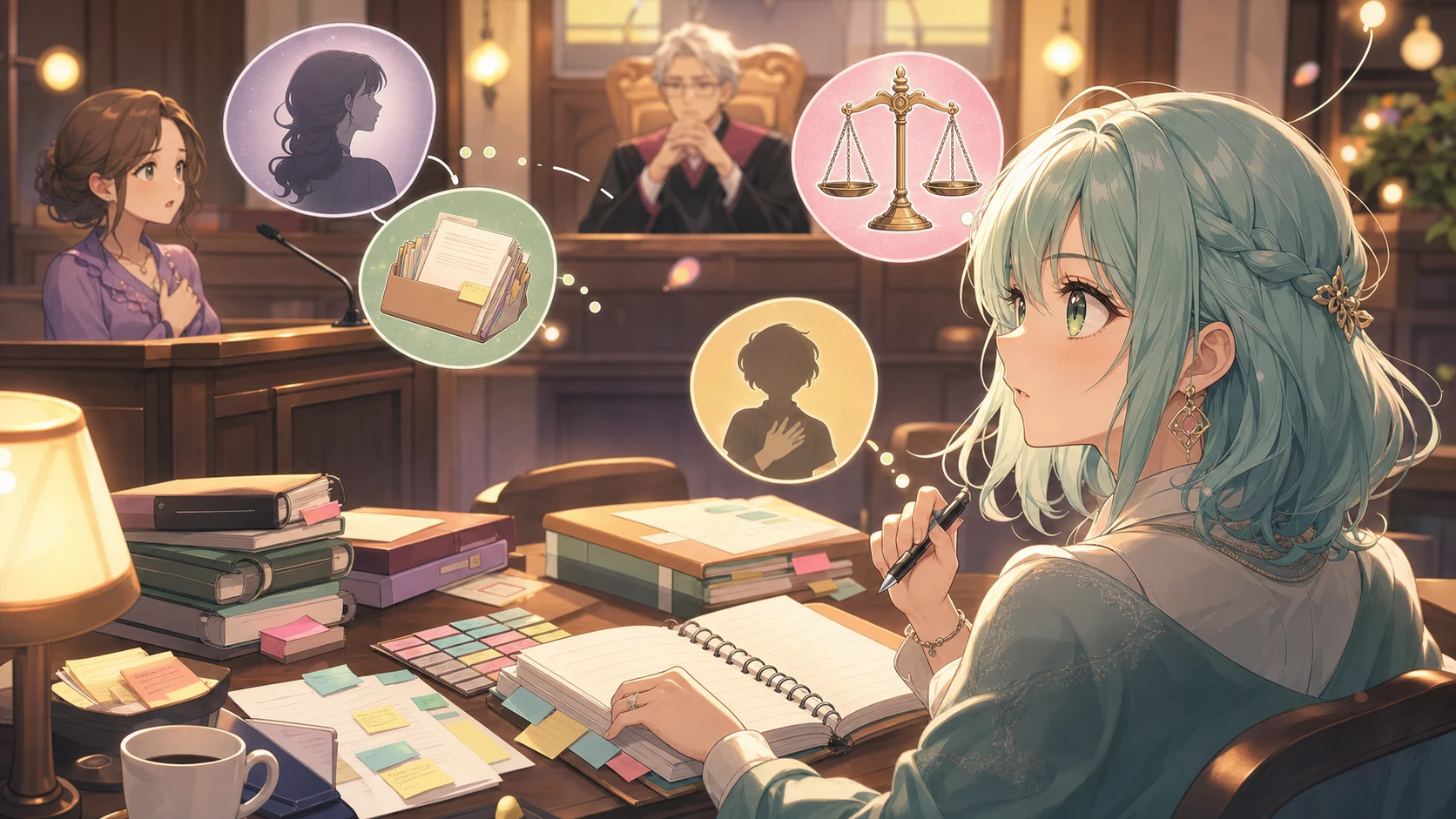 裁判席を前に書類とノートを整理する女性キャラクターのイメージ
