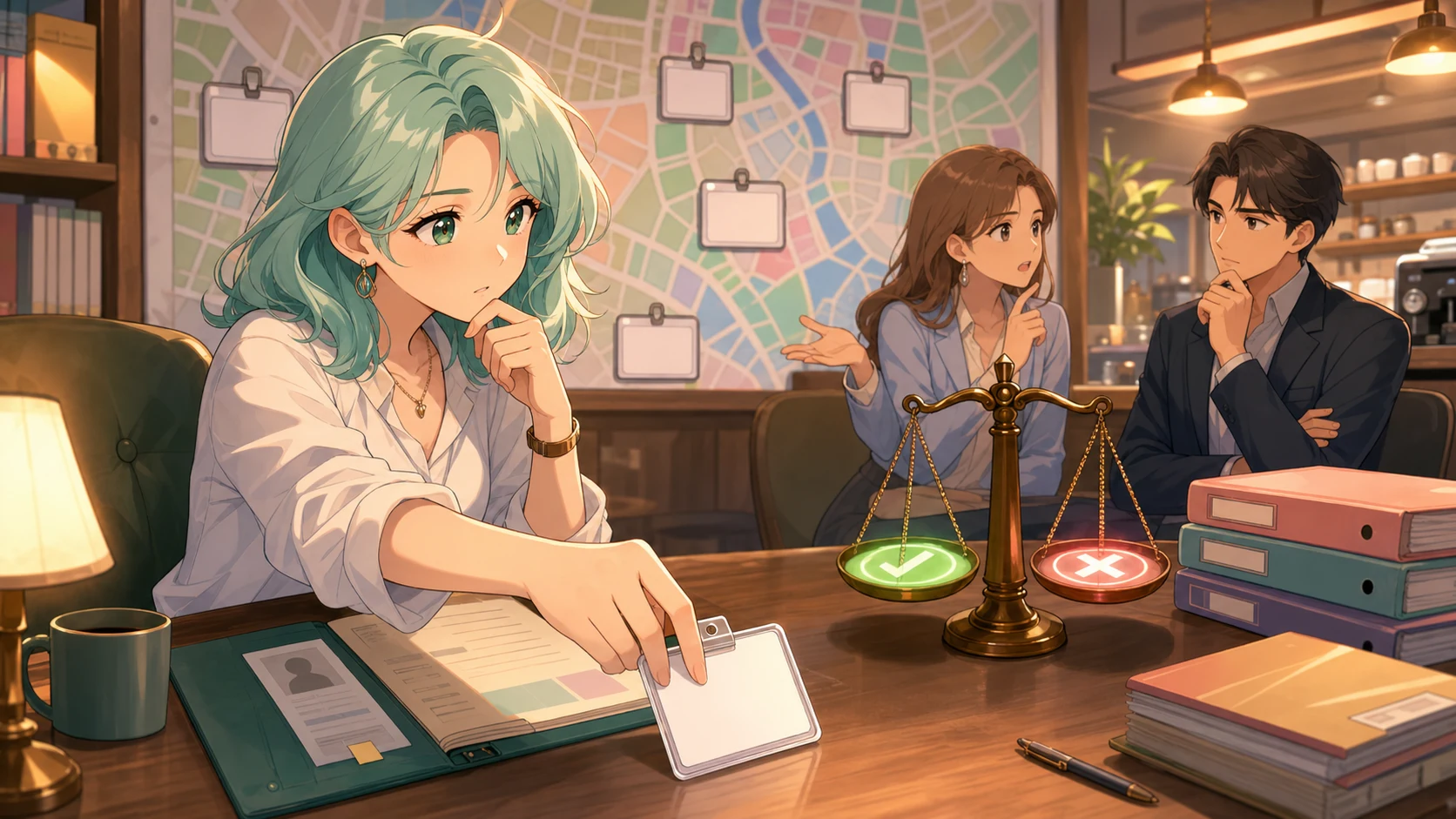 白いパスカードと書類を前に会議する女性キャラクターのイメージ