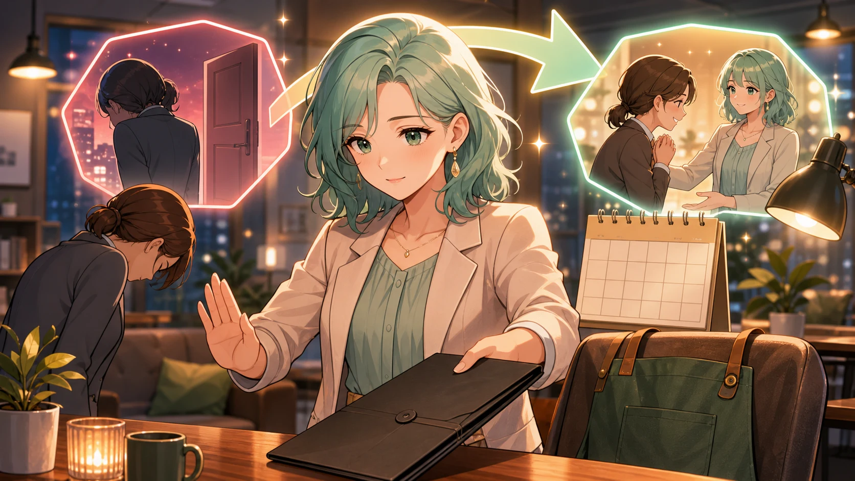 解雇の書類を閉じながら戻る道を示す女性キャラクターのイメージ