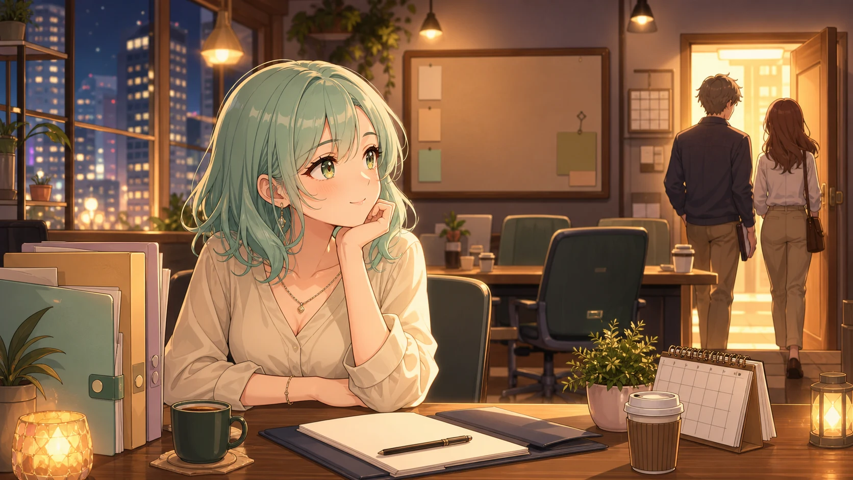 夜のオフィスで開いた扉を見ながら次の段取りを考える女性キャラクターのイメージ