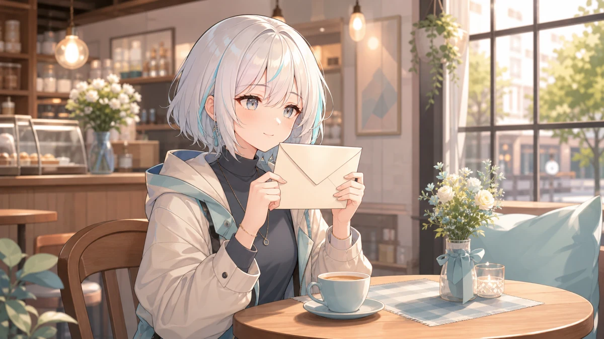 カフェの丸テーブルで封筒と小さな花を前に、柔らかく返事をする人物たちのイメージ