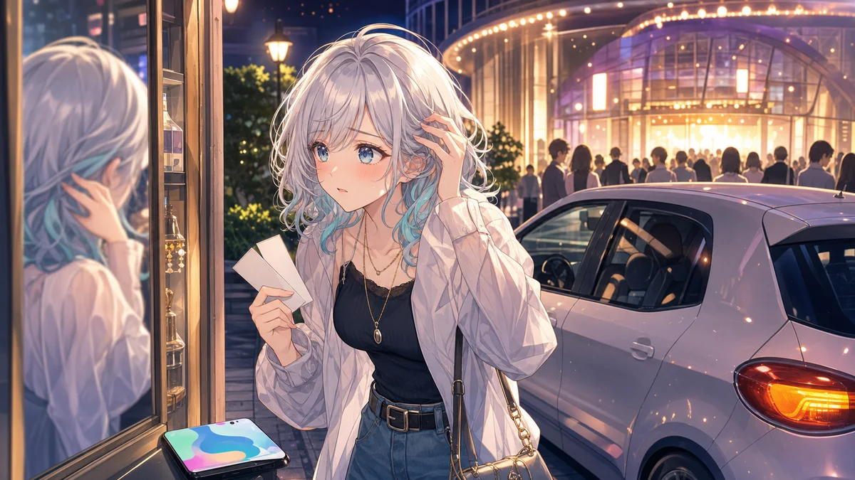 夜の会場前で無地のチケットとスマートフォンを手に髪を整える女性キャラクターのイメージ