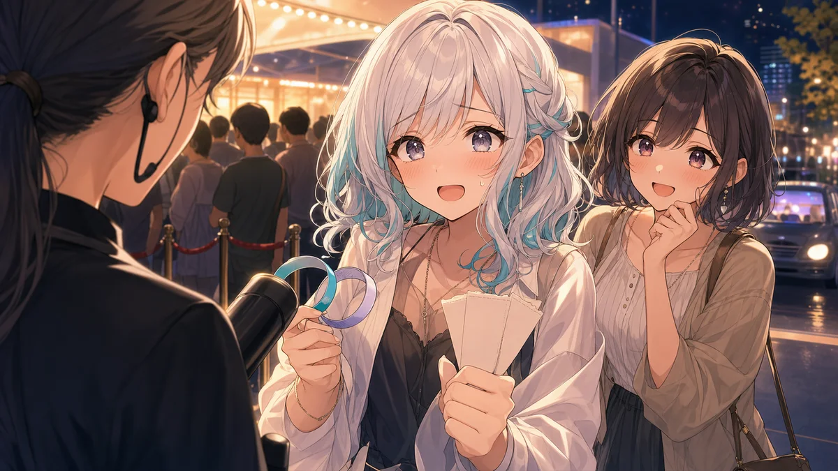 ライブ会場の入口で無地のリストバンドとチケットを手にする二人の人物のイメージ