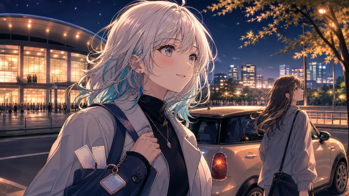 夜の帰り道でコンパクトカーのそばを歩きながら会場を振り返る二人の人物のイメージ