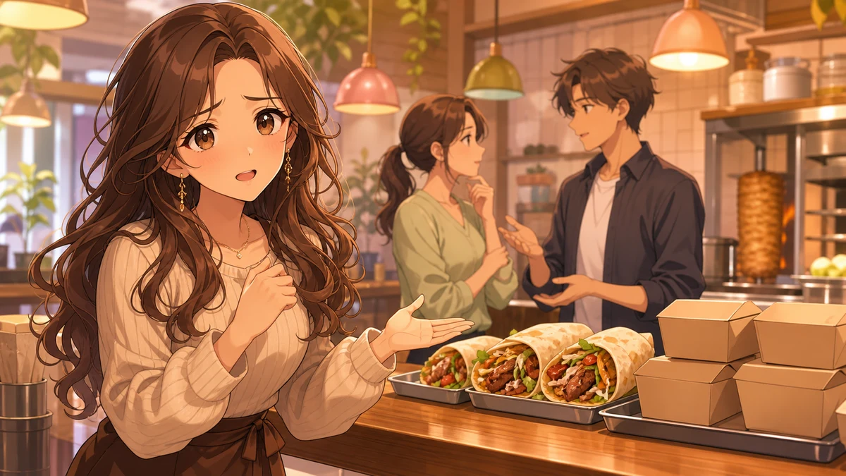 明るいカフェカウンターで食品箱を前に話し合う女性キャラクターのイメージ