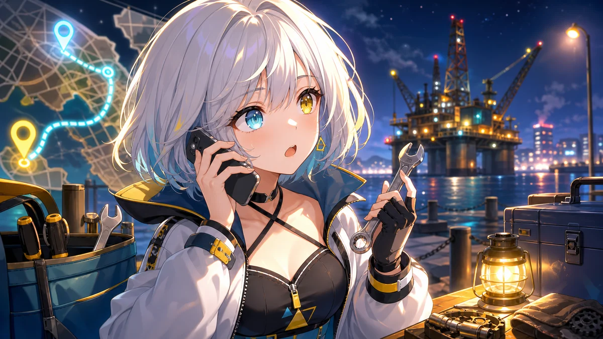 夜の港で工具を持ち不安げに出発準備をする女性キャラクターのイメージ