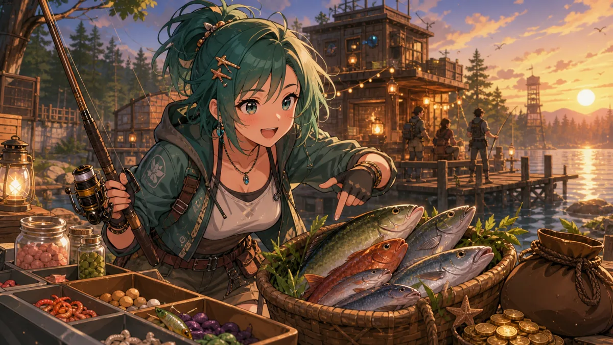 湖畔で釣り竿と素材を持ちチームの支援づくりを考えるオリジナル女性キャラクターのイメージ