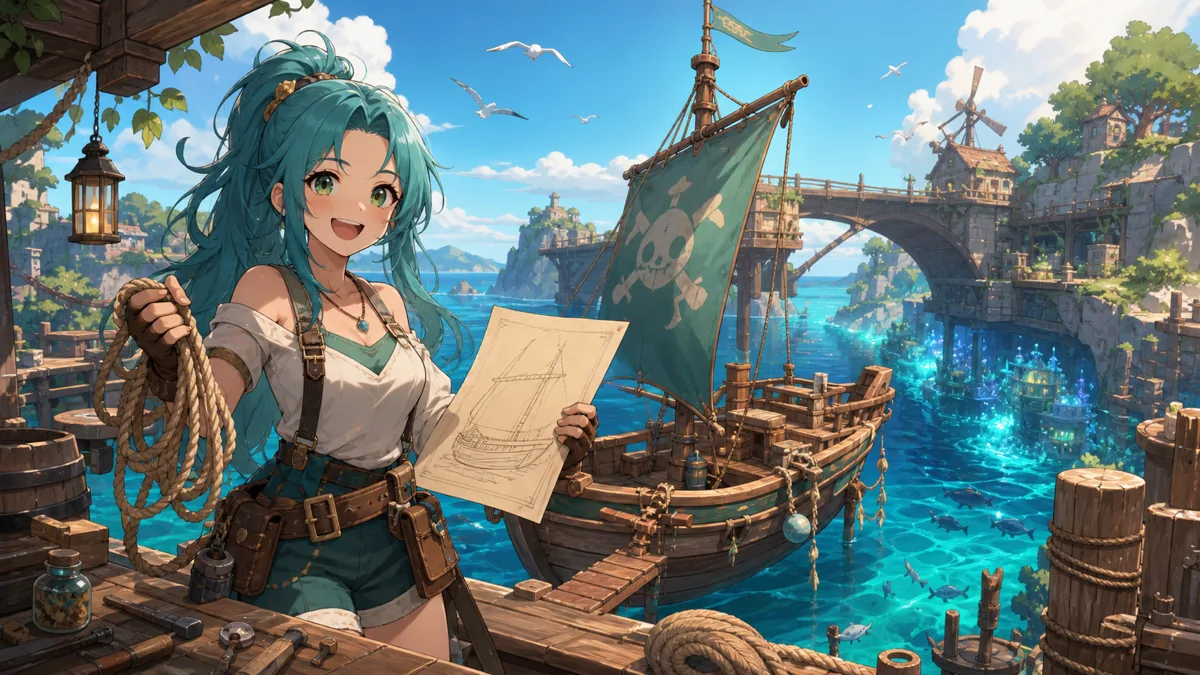 海賊船とアーチ橋を背景に深海探索を想像するオリジナル女性キャラクターのイメージ