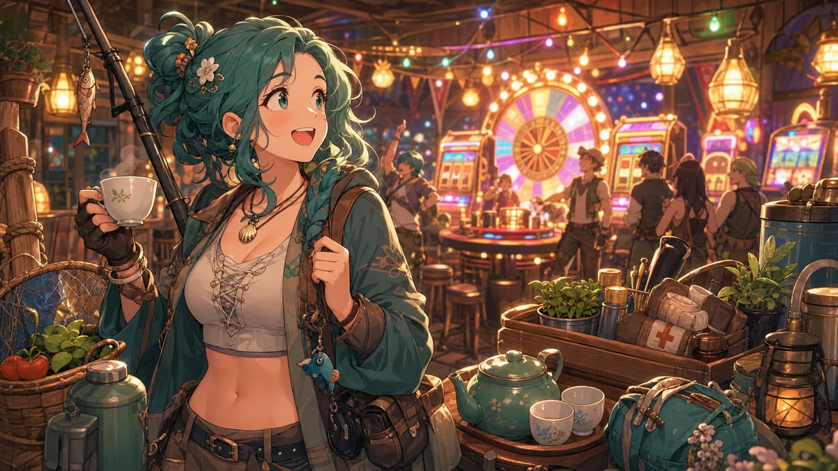 ホイールとイベント装置の明るいイベント会場で仲間と盛り上がるオリジナル女性キャラクターのイメージ