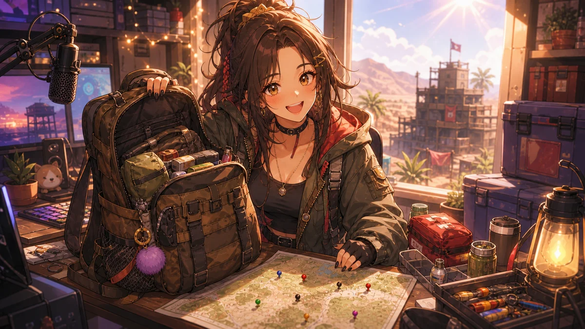 配信部屋の机で地図と回収した荷物を確認するオリジナル女性キャラクターのイメージ