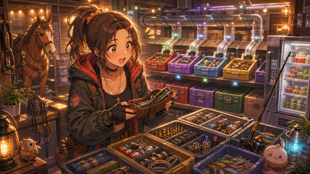 自動仕分け装置と武器箱が並ぶ明るい拠点で装備を選ぶオリジナル女性キャラクターのイメージ