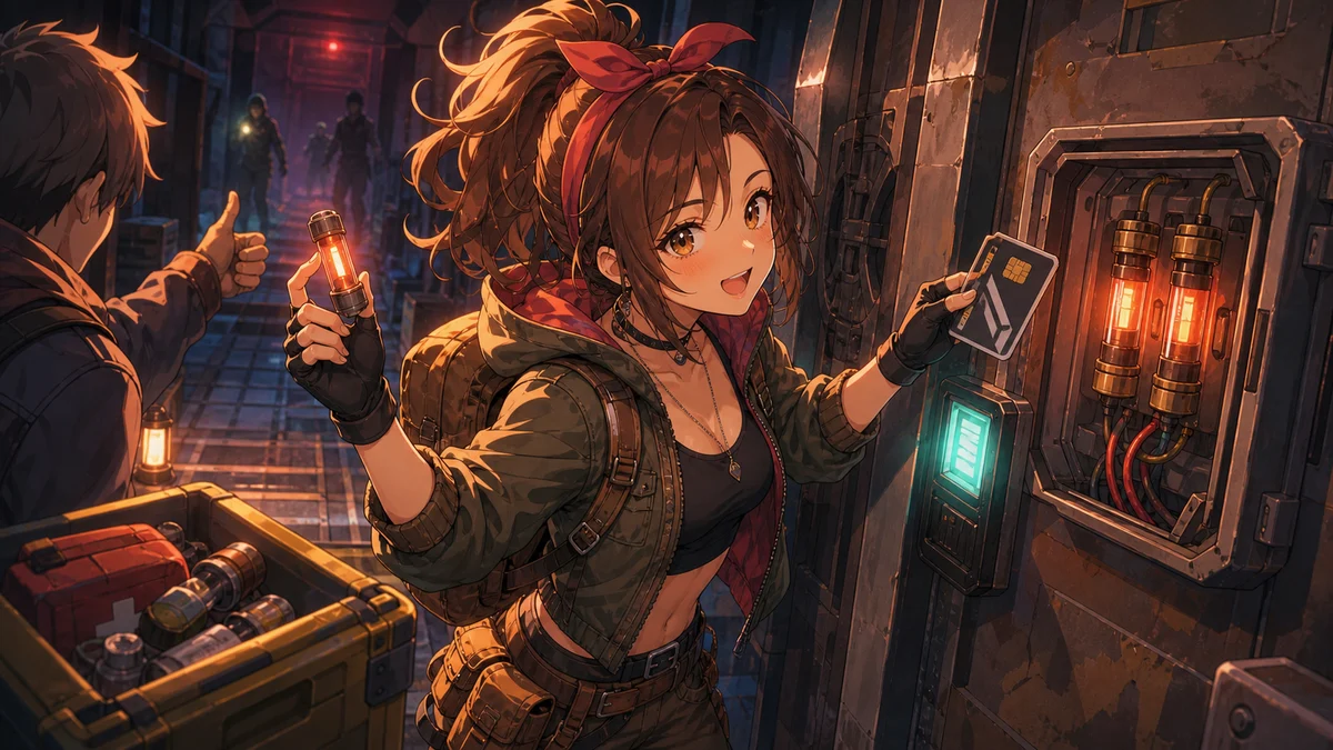 暗い施設の入口でヒューズとカードキーを手に協力して進むオリジナル女性キャラクターのイメージ