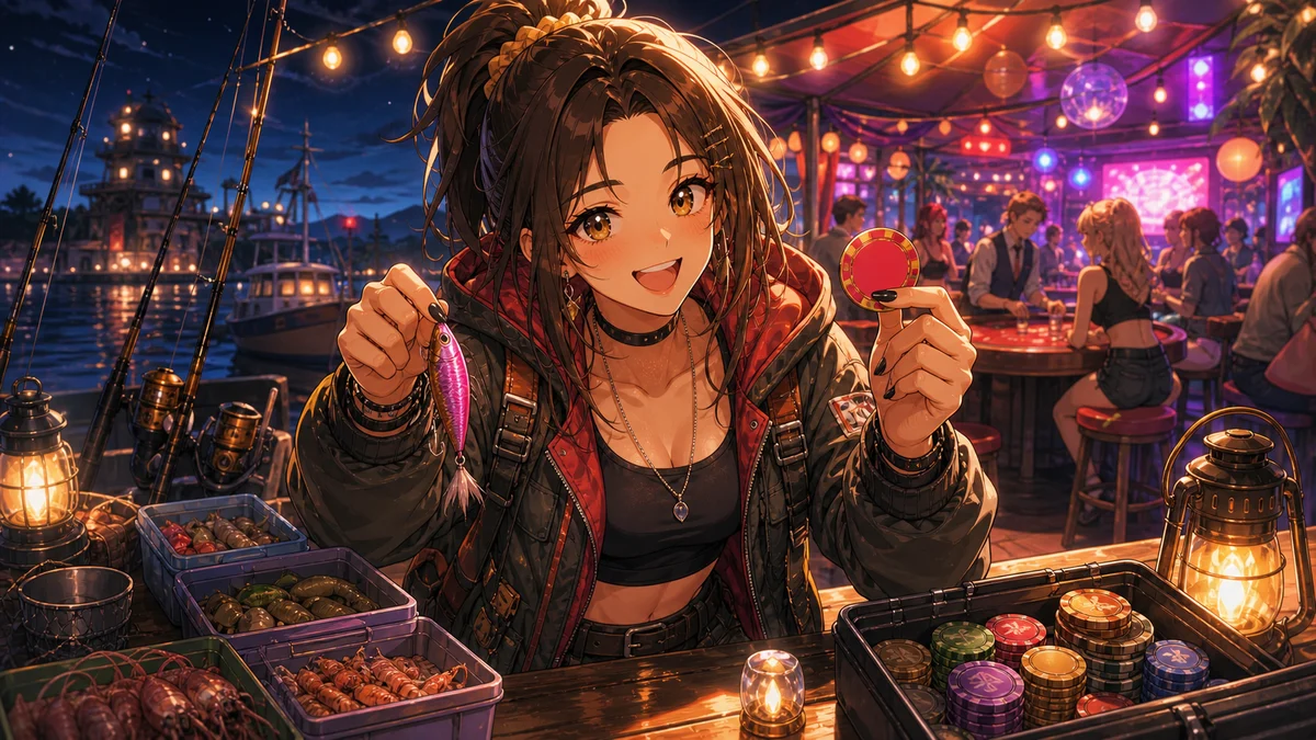 港の釣り道具とイベント会場の光が並ぶ夜の拠点で笑うオリジナル女性キャラクターのイメージ