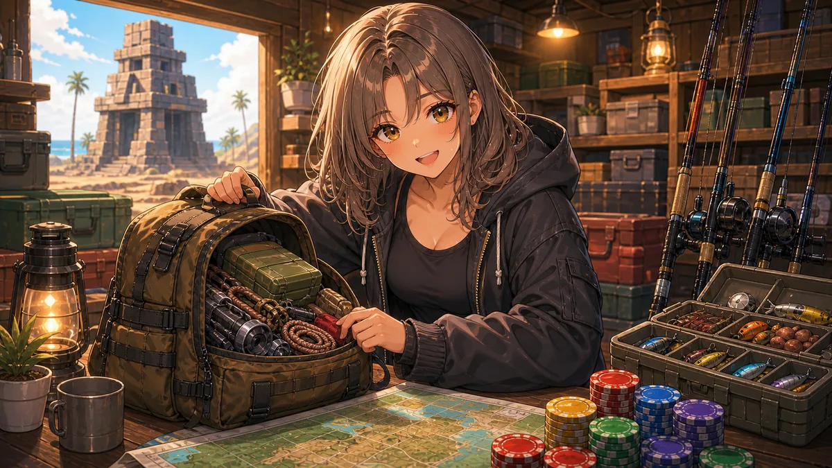 拠点の机で回収したバッグと地図を整理しながら釣り道具や小物も並べるオリジナル女性キャラクターのイメージ