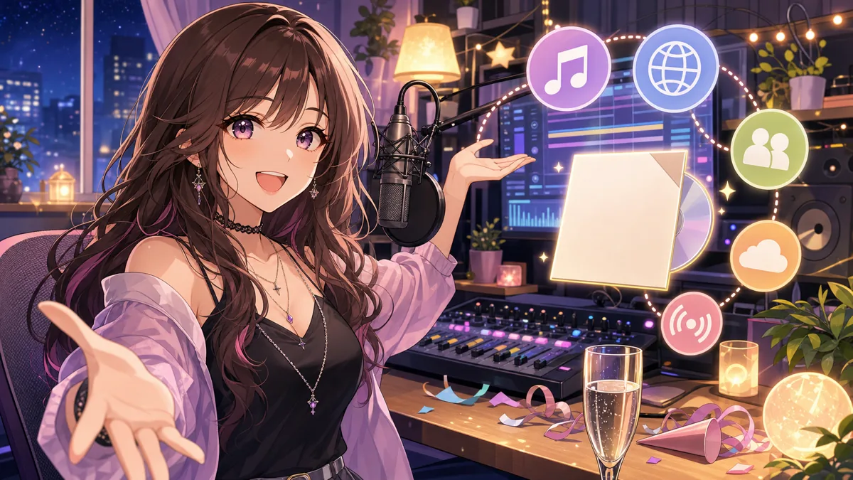 制作クレジットと音源配信の広がりをイメージした明るい配信部屋のオリジナル女性キャラクターのイラスト