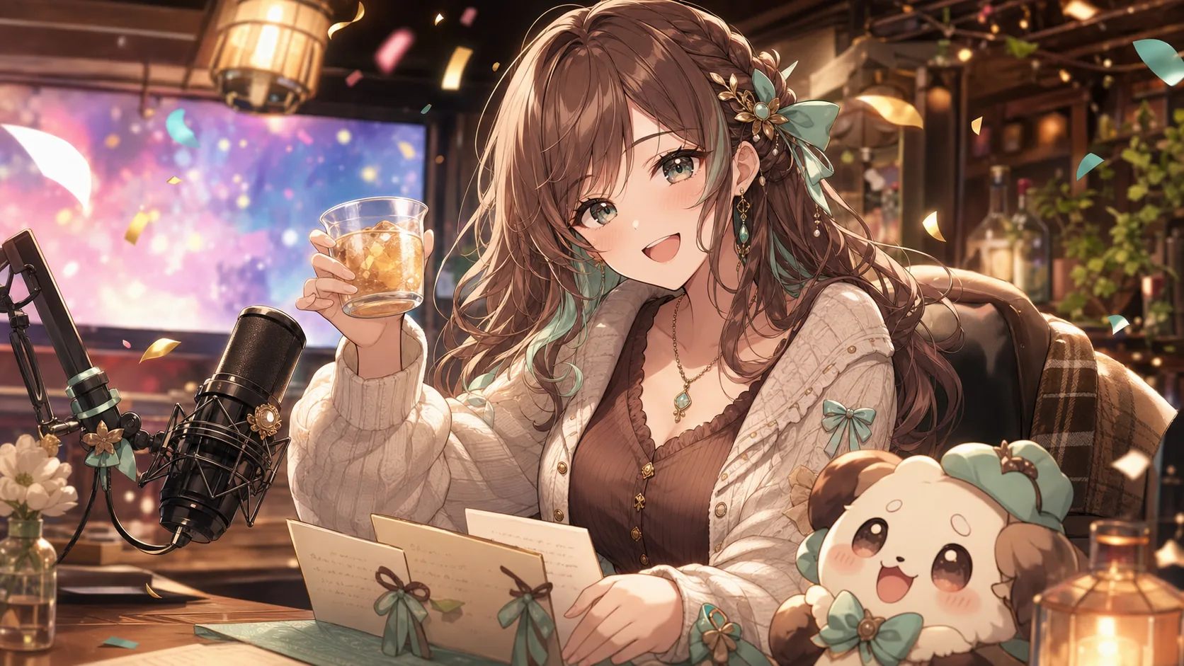 乾杯グラスとコメントメモを前に笑うオリジナル女性キャラクターのイメージ
