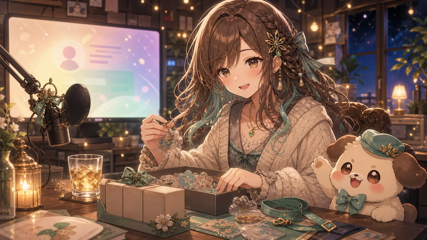 配信後の机でイベント小物を片付けるオリジナル女性キャラクターのイメージ