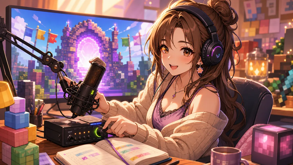 配信準備の机でマイクを調整しながらMinecraftの陣取りマップへ向かうオリジナル女性キャラクターのイメージ