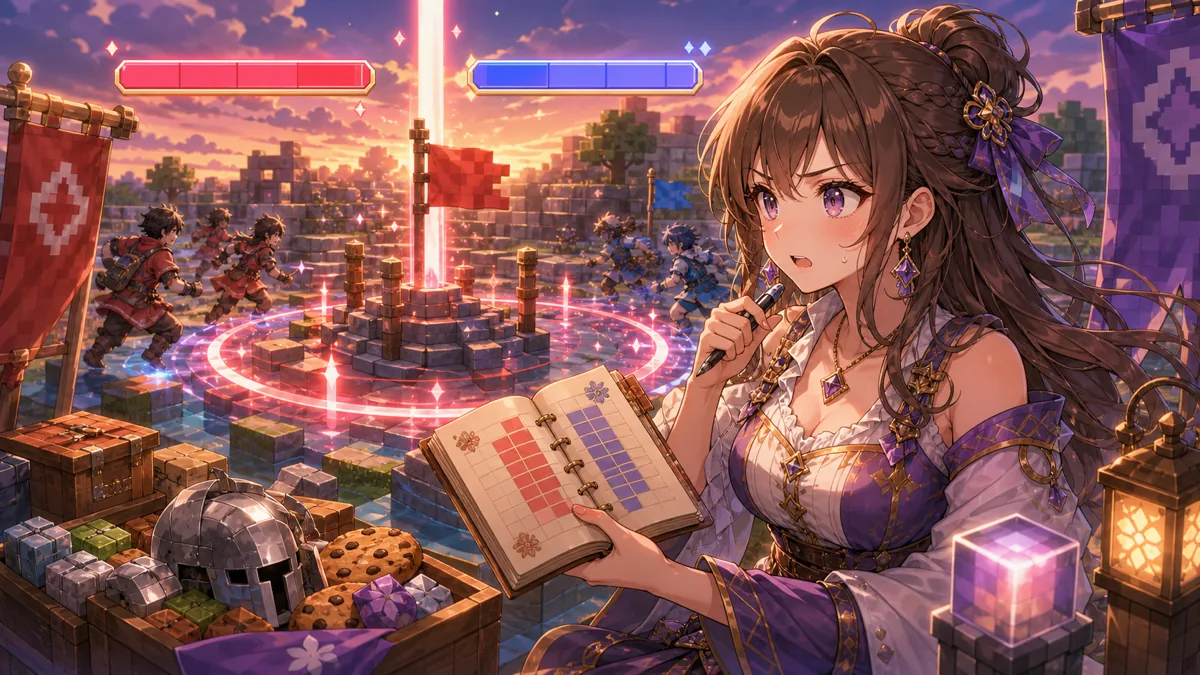 夕暮れのMinecraft風フィールドでスコア本を確認しながら仲間を待つオリジナル女性キャラクターのイメージ