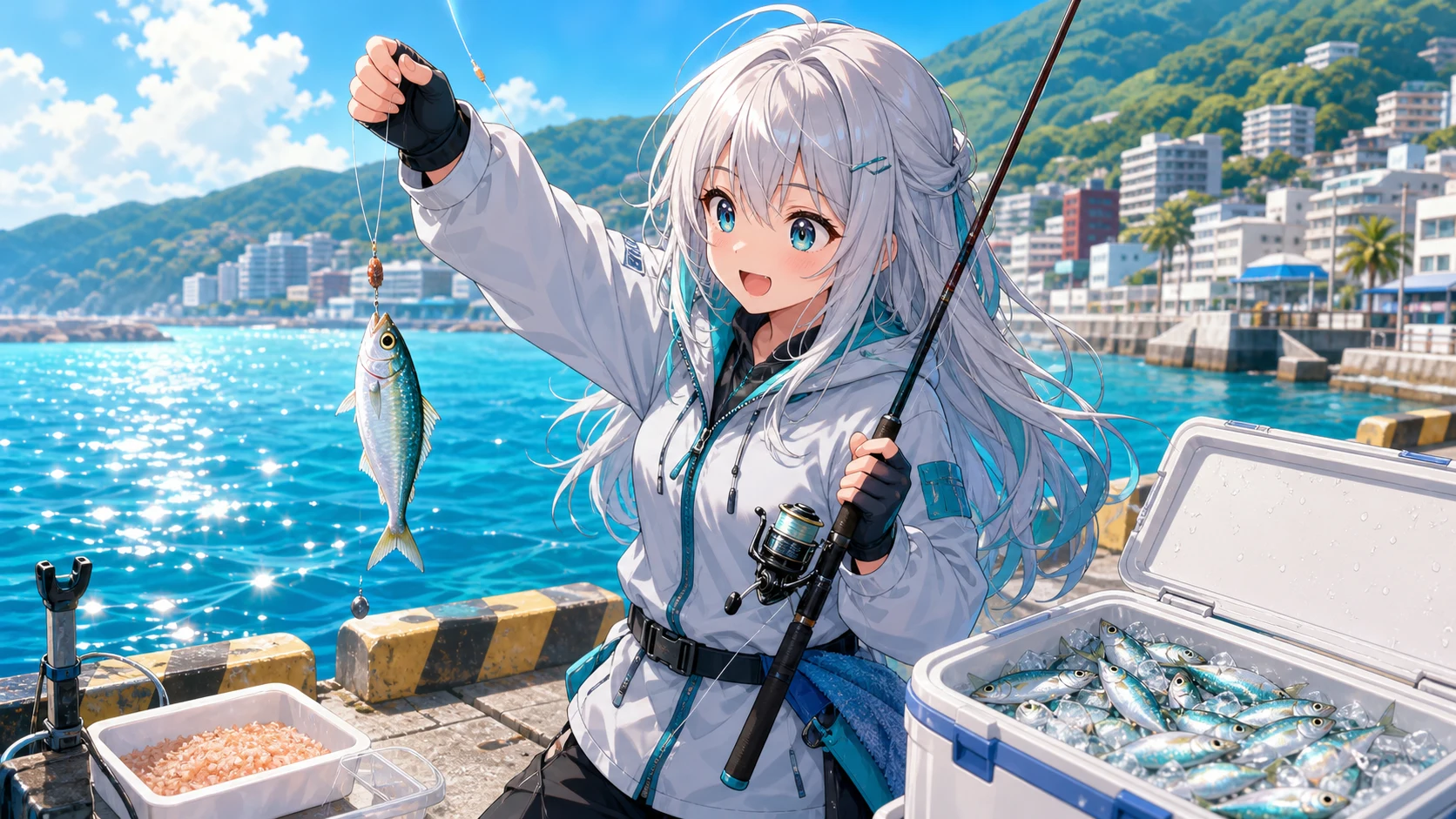 釣り具とクーラーボックスを前にタカベの群れを想像する港の場面